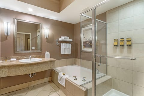 Separate tub and shower, deep soaking tub, free toiletries, hair dryer