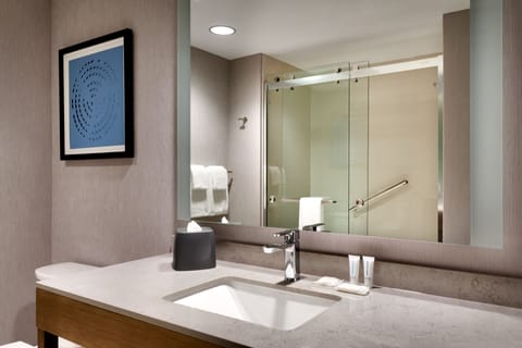 Shower, rainfall showerhead, free toiletries, hair dryer