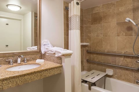 Combined shower/tub, free toiletries, hair dryer, towels