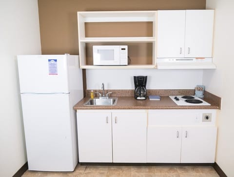 Fridge, microwave, stovetop, coffee/tea maker