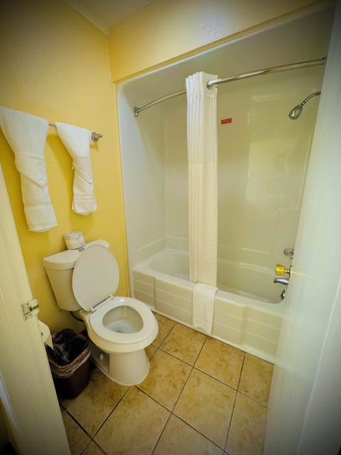 Combined shower/tub, hair dryer, towels