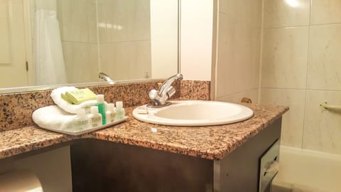 Combined shower/tub, free toiletries, hair dryer, towels