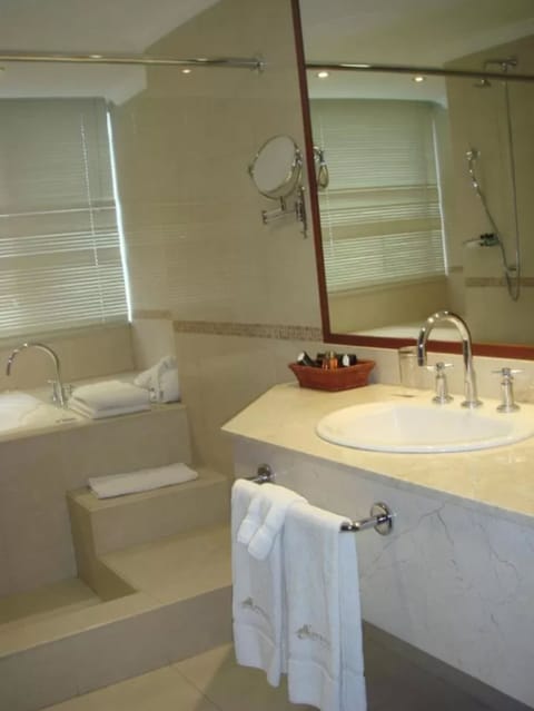 Combined shower/tub, free toiletries, hair dryer, towels