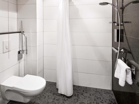 Shower, hair dryer, soap, shampoo