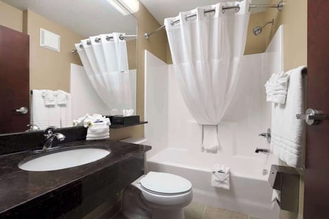 Combined shower/tub, deep soaking tub, free toiletries, hair dryer