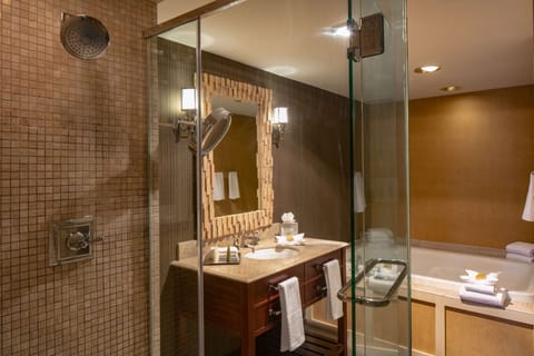 Plaza Suite | Bathroom | Combined shower/tub, designer toiletries, hair dryer, bathrobes