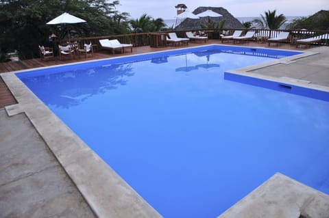 Outdoor pool, pool umbrellas, sun loungers