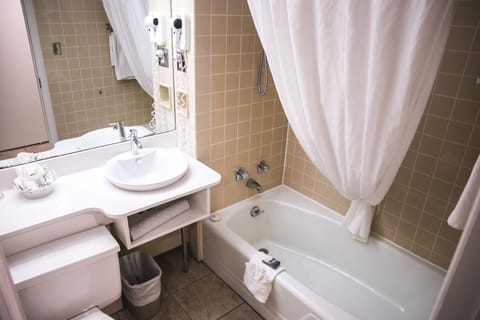 Combined shower/tub, free toiletries, hair dryer, towels