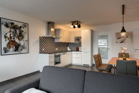 Luxury Apartment | Private kitchen | Full-size fridge, microwave, stovetop, dishwasher