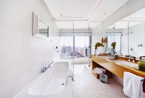 Deluxe Suite | Bathroom | Designer toiletries, hair dryer, bathrobes, slippers