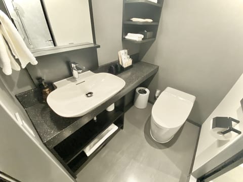 Combined shower/tub, deep soaking tub, free toiletries, hair dryer