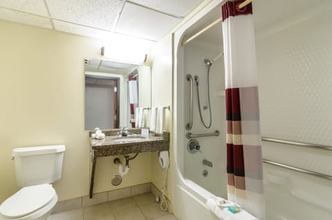 Combined shower/tub, hair dryer, towels, soap