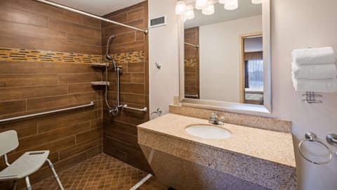 Combined shower/tub, deep soaking tub, free toiletries, hair dryer