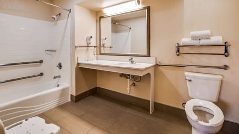 Combined shower/tub, free toiletries, hair dryer, towels