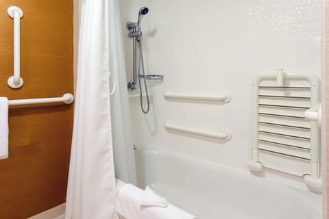 Combined shower/tub, free toiletries, hair dryer, towels