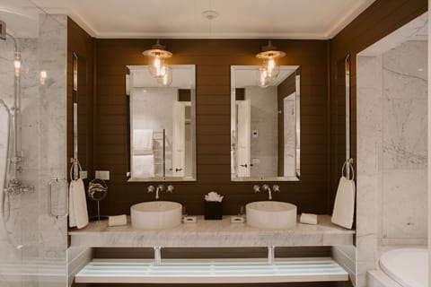 Lake View Suite | Bathroom | Deep soaking tub, rainfall showerhead, designer toiletries, hair dryer