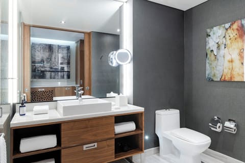 Shower, rainfall showerhead, free toiletries, hair dryer