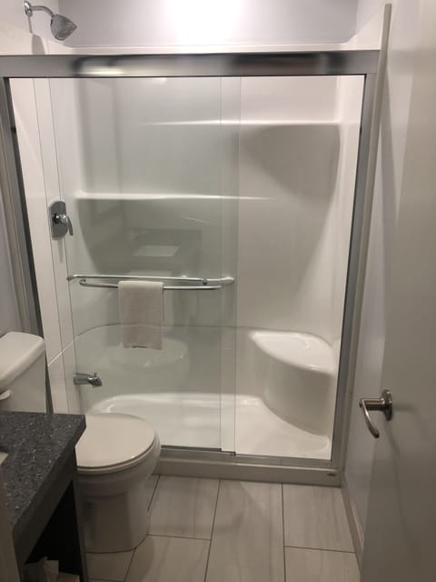 Combined shower/tub, free toiletries, hair dryer, towels