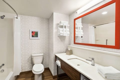 Room, 2 Queen Beds, Refrigerator | Bathroom | Combined shower/tub, free toiletries, towels