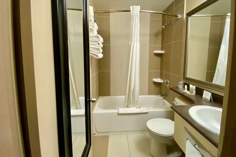 Combined shower/tub, free toiletries, hair dryer, towels