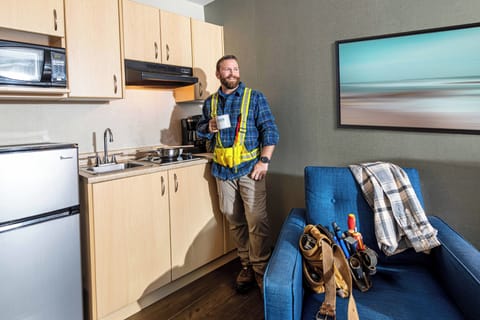 Fridge, microwave, coffee/tea maker