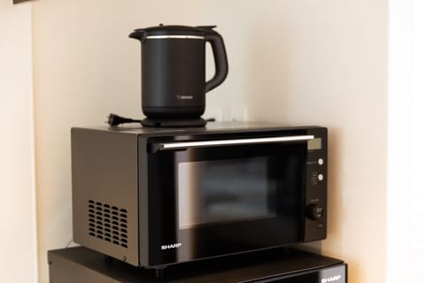 Fridge, microwave, stovetop, electric kettle