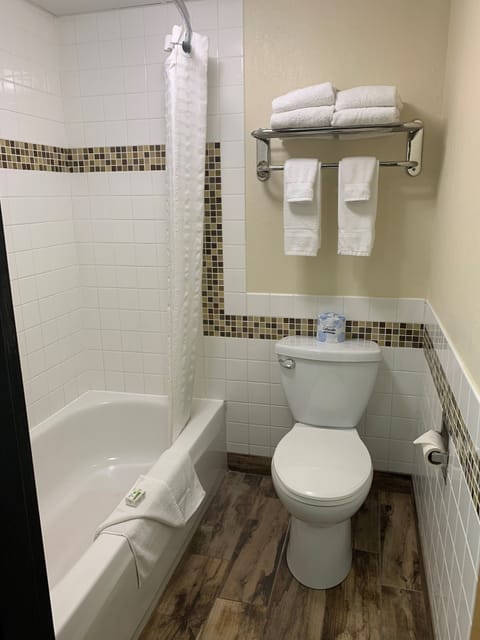 Combined shower/tub, hair dryer, towels