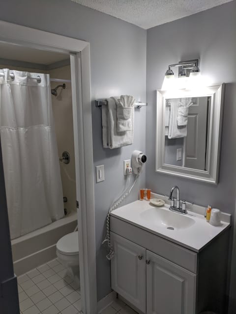 Combined shower/tub, deep soaking tub, free toiletries, hair dryer