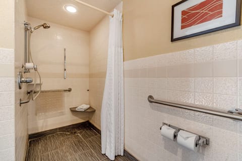 Room, 1 King Bed, Accessible, Non Smoking | Bathroom | Hair dryer, towels