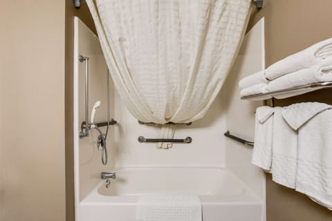 Combined shower/tub, free toiletries, hair dryer, towels