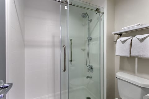 Combined shower/tub, free toiletries, hair dryer, towels