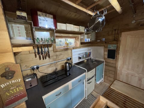 Cabin | Private kitchen | Fridge, microwave, oven, stovetop