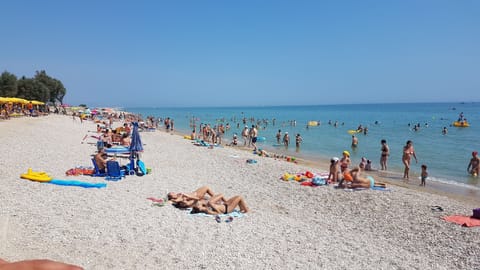 Private beach, black sand, sun loungers, beach umbrellas