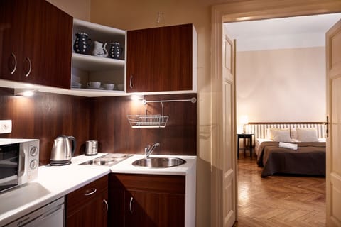 Superior Apartment, 2 Bedrooms | Private kitchen | Fridge, electric kettle, highchair