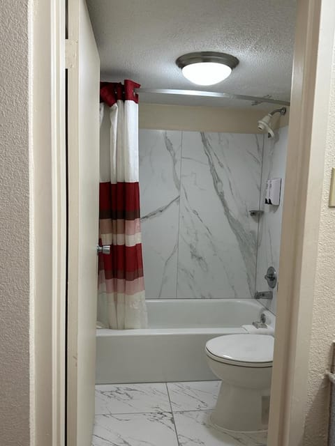 Combined shower/tub, free toiletries, hair dryer, towels