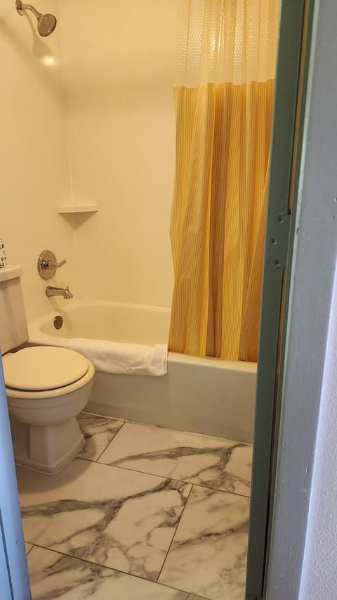 Combined shower/tub, free toiletries, hair dryer, towels