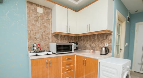 Deluxe Apartment | Private kitchen | Full-size fridge, oven, stovetop, coffee/tea maker