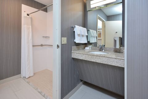 Combined shower/tub, hair dryer, towels