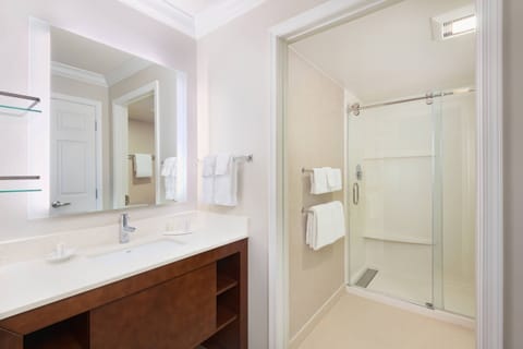 Combined shower/tub, free toiletries, hair dryer, towels