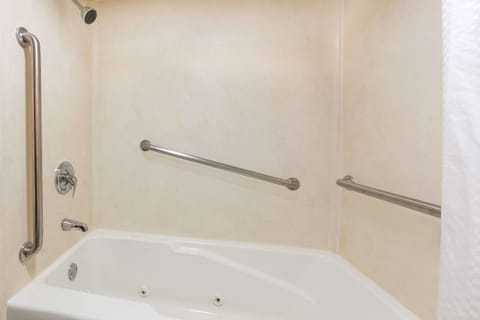 Combined shower/tub, jetted tub, free toiletries, hair dryer