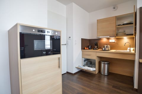 Apartment, 1 Bedroom (Excellence) | Private kitchenette | Fridge, microwave, stovetop, dishwasher