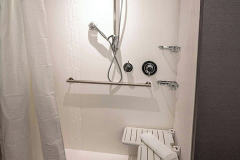 Shower, rainfall showerhead, hair dryer, soap