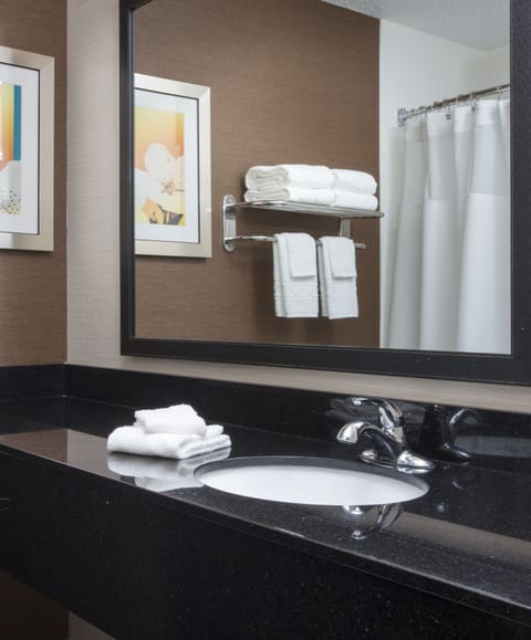 Combined shower/tub, eco-friendly toiletries, hair dryer, towels