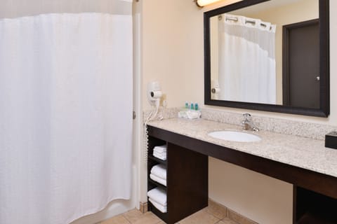 Combined shower/tub, free toiletries, hair dryer, towels