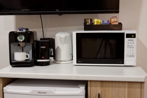 Fridge, microwave, coffee/tea maker, electric kettle