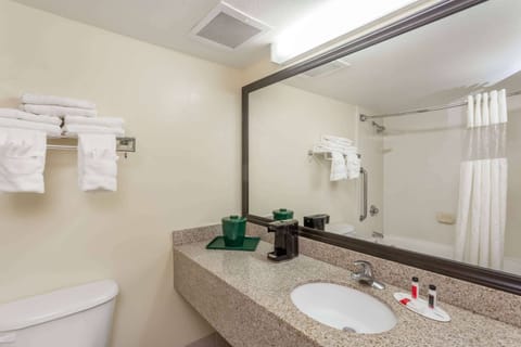 Combined shower/tub, free toiletries, hair dryer, towels