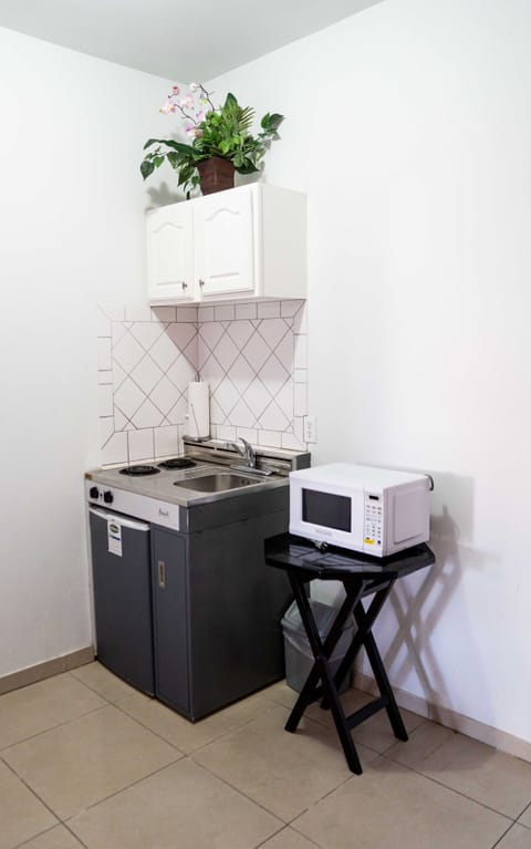 Studio Suite | Private kitchen | Microwave, stovetop, cookware/dishes/utensils, cleaning supplies