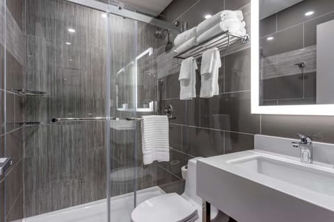 Combined shower/tub, hair dryer, towels