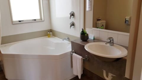 Combined shower/tub, jetted tub, free toiletries, hair dryer