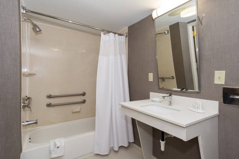 Combined shower/tub, free toiletries, hair dryer, towels